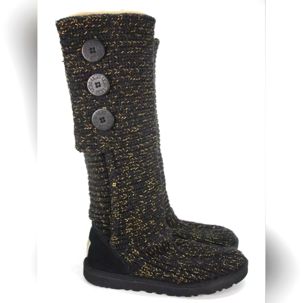 UGG AUSTRALIA 1876 CARDY KNITTED BLACK METALLIC GOLD WINTER BOOTS WOMEN 10